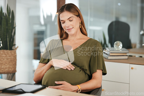 Image of Woman, office and pregnant with hands, stomach and smile for thinking, company and workplace. Belly, employee and pregnancy in career, work and job with love, affection and care for baby or kick