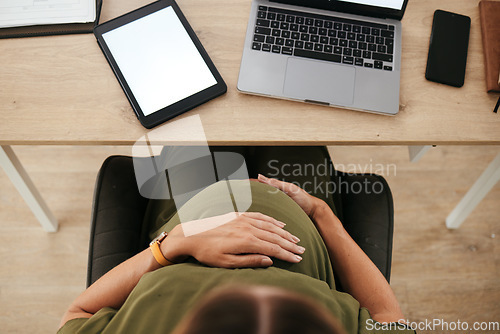 Image of Woman, pregnant and stomach with tablet screen in space with mockup for digital marketing by top view.vFemale entrepreneur, person and technology for website, homepage and about us for e commerce