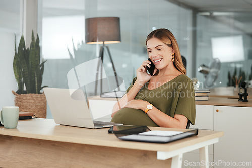 Image of Cellphone call, laptop and professional pregnant woman, admin or receptionist reading office schedule, agenda or research. Administration job, pregnancy and maternity worker chat with phone contact