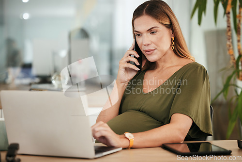 Image of Phone call conversation, office laptop and pregnant woman online, typing and reading website research, insight or report. Cellphone, pregnancy and maternity person check schedule or consultation info