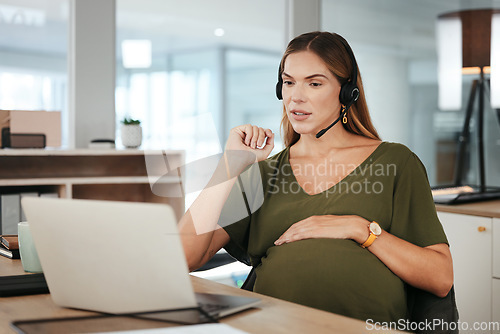 Image of Pregnant, woman and working in call center, office or hand on stomach in telecom workplace. Consultant, pregnancy and talking in company and planning maternity for health and wellness in business