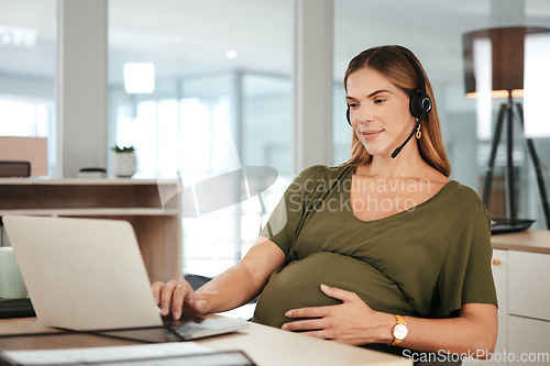 Image of Pregnant, woman and work in call center, office and hands on stomach in telemarketing workplace. Consultant, pregnancy and working in company or planning maternity for health and wellness in business