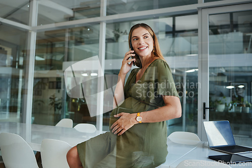 Image of Smartphone call, pregnant and corporate happy woman speaking, discussion and consulting on baby development in boardroom. Cellphone, glass window and pregnancy person talking on business conversation