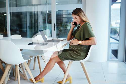 Image of Pregnant business woman, phone call and office with thinking, talk and touch stomach with networking. Entrepreneur, smartphone and contact for negotiation, deal or sales update at desk with pregnancy