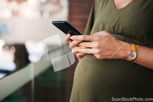 Image of Hands, phone and pregnant woman typing in home, reading email notification and social media. Pregnancy, smartphone and closeup of mother on internet search for baby news, scroll website or mobile app