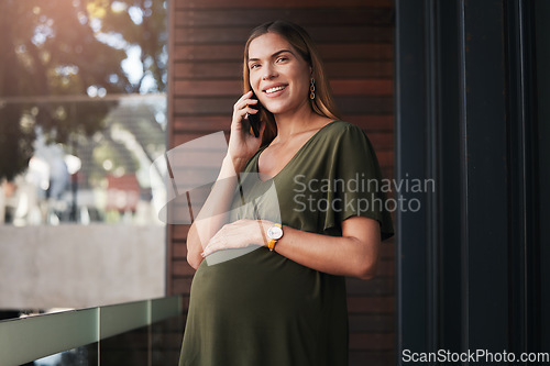 Image of Pregnant, woman and portrait of phone call in office planning a schedule, appointment or communication. Cellphone, conversation and talking of pregnancy, maternity or contact with client in workplace