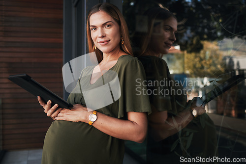 Image of Portrait, tablet for business and pregnant with woman on balcony of an office, planning for maternity leave from work. Company, tech and pregnancy with a young employee at her workplace for research