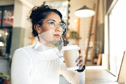 Image of Woman in cafe, thinking and future, coffee and young student search for inspiration and insight. Latte drink, knowledge and ideas, memory or reflection on life with mindfulness on a break at diner