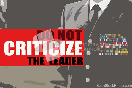 Image of Military, propaganda and mind control with a poster of a leader on text for order or authority. Leadership, banner and politics with an army general in command of a brainwashing revolution closeup