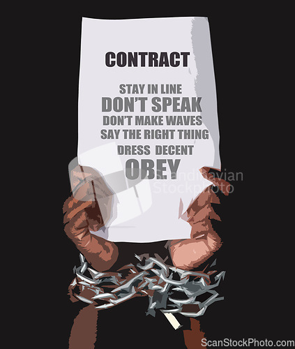 Image of Hand, poster and text with handcuff or chains for contract, message or prisoner isolated on black background. Law, criminal and paper or legal document with instruction, order or command for person