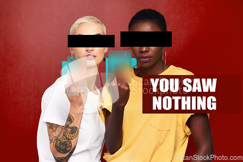 Image of Women friends, middle finger and studio with rude sign by text overlay, blur and black bar to cover eyes. Gen z girl students, icon or emoji with protest, opinion and censored with punk attitude