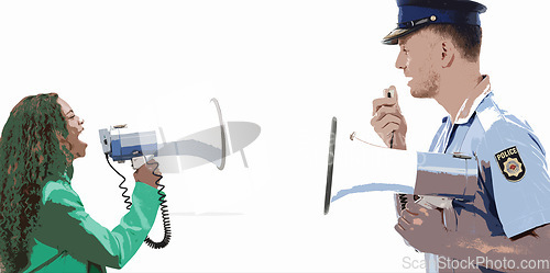 Image of Justice man, megaphone or police officer speech for service announcement, legal law or studio crime. Safety profile, security communication speaker or talking hero isolated on mockup white background