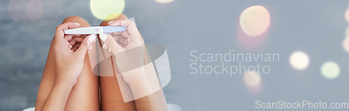 Image of Hands, pregnancy test and woman on banner space waiting for results with double exposure special effect. Pregnant, hope or anticipation with a person on mockup for motherhood as an expecting parent