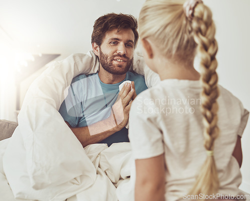 Image of Sick father, tissue and child in home living room, talking and care for family. Girl, kid and help dad with flu, allergy or covid on lounge in blanket in winter for disease, cold virus and bacteria