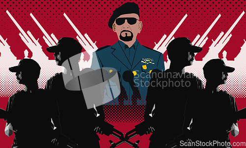 Image of Army and soldiers, illustration and guns to fight on red background, war and weapons for oppression. General, violence and destruction or military, soldiers and combat in battle, mission and attack