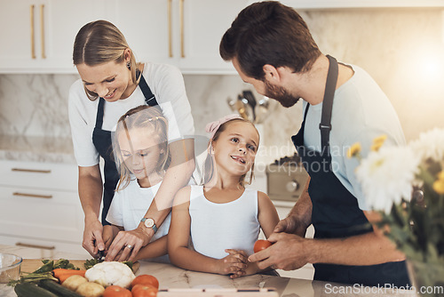 Image of Kids, learning and happy family cooking in home, kitchen or together for dinner, food and healthy diet. Teaching, nutrition and chef parents with children for preparation of vegetables or lunch