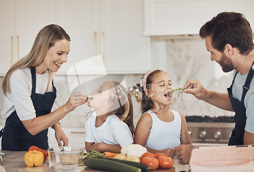 Image of Kitchen, kids and parents with cooking, eating and ingredients with support, healthy eating and teaching. Family, children and mother with father, kids or home with bonding, recipe or smile with help