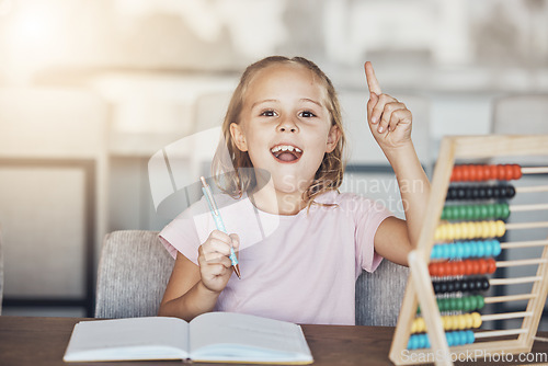 Image of Answer, homework and portrait of girl with abacus for learning mathematics, counting and studying. Education, school and happy kid with notebook for child development, knowledge and lesson at home