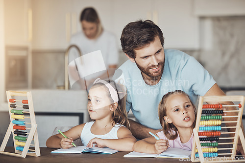 Image of Family, father help children and education, math and abacus for learning with homework, writing and counting at home. Teaching, support and notebook, young girl kids with man and knowledge for growth