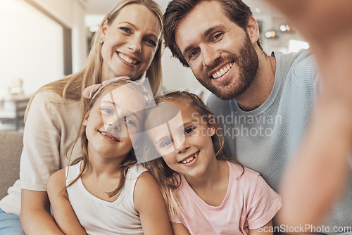 Image of Happy family, portrait and selfie for photography, memory or social media together in relax at home. Mother, father and children smile in photograph, picture or fun moment on holiday weekend at house