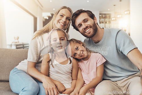 Image of Home, portrait and mother with father, kids and happiness with support, bonding together and cheerful. Face, family and children with parents, care and love with a smile, cheerful and joy in a lounge