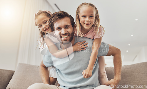 Image of Portrait, piggyback and girl kids with father on a sofa smile, bond and playing in their home together. Love, happy family and excited children hug parent in a living room with care, support and fun
