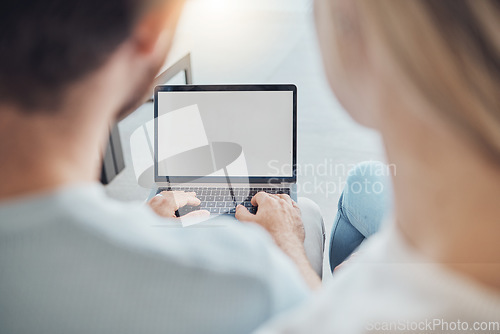 Image of Couple, laptop screen and home planning, research or typing online for asset management or loan information. People, back and computer mockup or advertising space for website sign up or registration