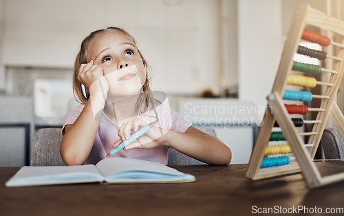 Image of Thinking, homework and girl with abacus for learning mathematics, counting and studying. Education, school and kid brainstorming with notebook for child development, knowledge and lesson at home