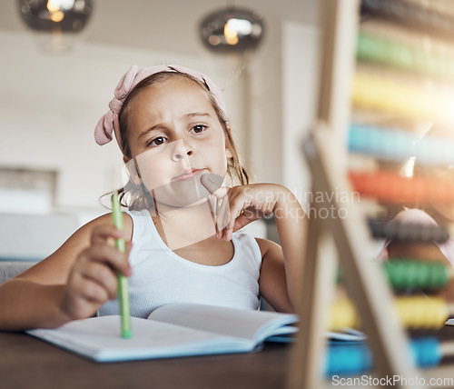 Image of Student thinking, child and abacus for home education, math learning and problem solving numbers. Young girl or kid with ideas, solution or knowledge for school development, question or notes in book