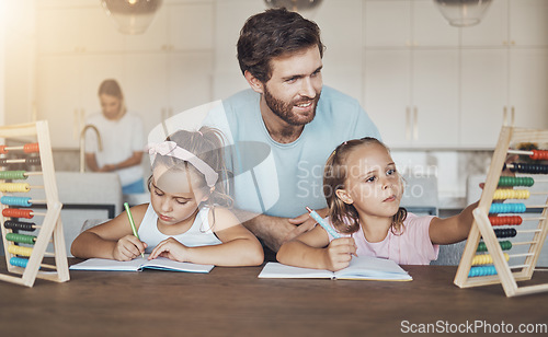 Image of Family, father help kids and education, math and abacus for learning with homework, writing and counting at home. Teaching, support and notebook, young girl children with man and knowledge for growth