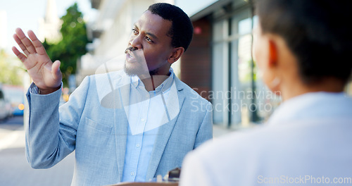 Image of Sales, talking and black man with a woman in the city for a meeting, business or communication. Thinking, town and an African salesman with paperwork, report or documents for a customer conversation