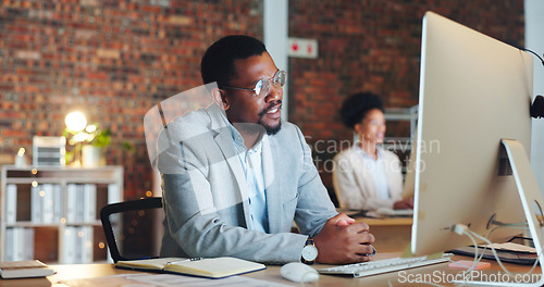 Image of Computer, video call and black man consultant working on communication online and talking on webinar in office. Internet, chatting and employee or businessman in discussion in evening with connection