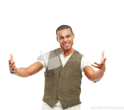 Image of Man, excited and fashion in studio portrait for luxury design, happiness or smile. Male model person, face and energy for stylish trend or designer clothes, confident for funny mood or winning cheers