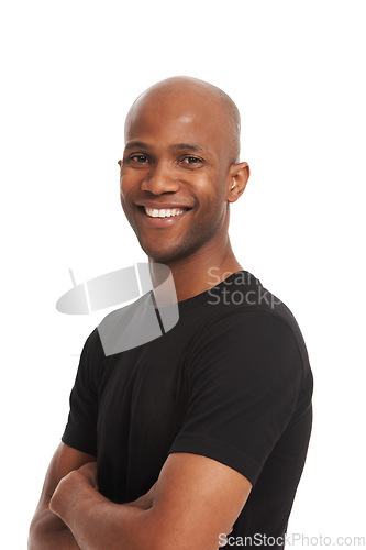 Image of Portrait, happiness and man with arms folded for confident, proud model and studio by white background. African person, mindset and success attitude in casual fashion, smile and guy from nigeria