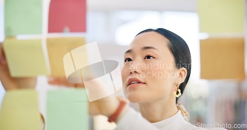 Image of Sticky note, board and face of Asian woman, professional designer and planning project, startup ideas or entrepreneurship. Moodboard, creative or Japan person brainstorming solution, decision or plan