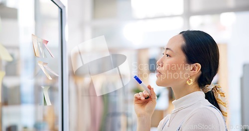 Image of Thinking, planning board and Asian woman, designer and analysis of research project, ideas or information. Strategy notes, retail entrepreneurship and face profile of Japanese worker brainstorming