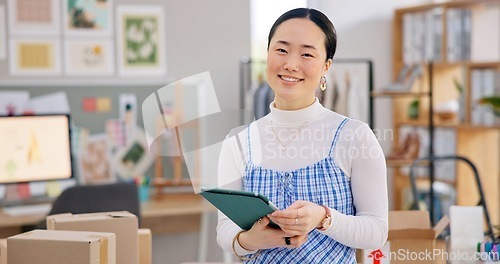 Image of Ecommerce, smile and Asian woman with tablet for sales, checklist and work at fashion startup. Online shopping, boxes and small business owner with happy face, confidence and digital app for web shop