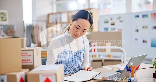 Image of Ecommerce, woman with phone call and boxes, writing and checking sales and work at Japanese fashion startup. Online shopping, package and small business owner with smartphone, orders and networking.