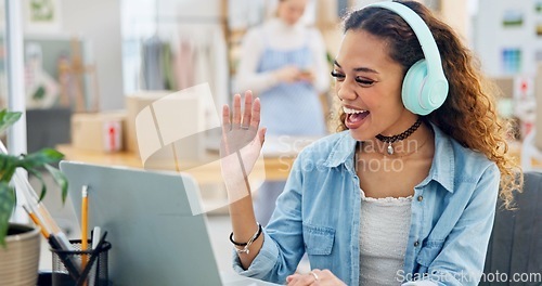Image of Video call, wave and woman in small business on laptop with customer or virtual communication in fashion studio. Entrepreneur, talking or crm service, online meeting and chat with ecommerce clients