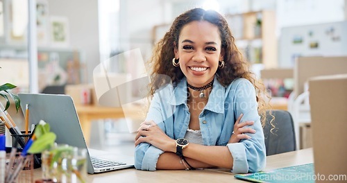 Image of Ecommerce, happy woman at laptop with boxes and confidence for sales report with pride at fashion startup. Online shopping, package and small business owner with happiness, computer and arms crossed.