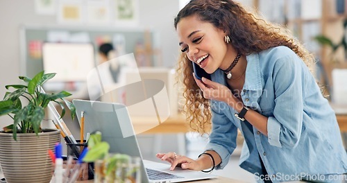 Image of Woman, package and phone call in e commerce, logistics and stock management, online shop or customer support. Seller, supplier or fashion designer talking on mobile, inventory boxes or computer order