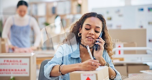 Image of Business, phone call and woman writing, delivery and order with distribution, inventory and connection. Person, employee and professional with a smartphone, communication and shipment with network