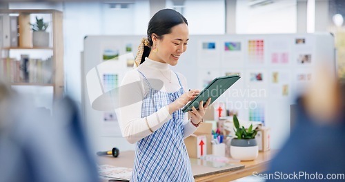 Image of Tablet, startup and young woman with business checking company website online on internet. Digital technology, retail and Asian female owner scroll for delivery information in store, shop or boutique