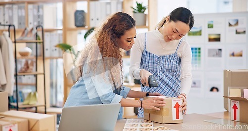 Image of Teamwork, women and barcode reader on box for shipping, stock check and inventory export in fashion store. Scanner, package and delivery of cargo for ecommerce, supply chain and designer on laptop