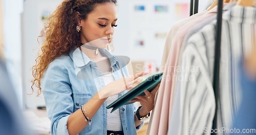 Image of Inventory, employee and woman with a tablet, store and small business with ecommerce, connection and fashion. Person, shop assistant and worker with technology, typing and online shopping with retail