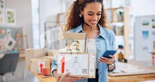 Image of Woman, boxes and phone for office e commerce, logistics and stock management, online shopping or social media. Supplier, seller or fashion designer for package inventory, mobile chat or website order