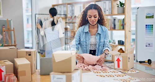 Image of Small business, clothes and a woman with order box or logistics for fashion delivery or online store. Young entrepreneur person or startup company owner for e commerce, parcel or packaging of product