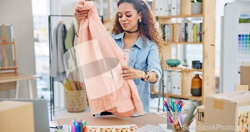 Image of Small business, clothes and a woman with order box or logistics for fashion delivery or online store. Young entrepreneur person or startup company owner for e commerce, parcel or packaging of product