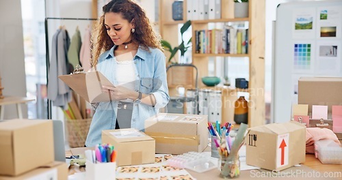 Image of Online order, label check and woman with small business in fashion with delivery and cardboard box. Stock, startup and sales of ecommerce and web boutique at home of a entrepreneur with checklist
