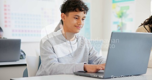 Image of Man, student and laptop for school, elearning and studying or research in college or class. Teenager typing on computer for planning, classroom information and scholarship application or online FAQ